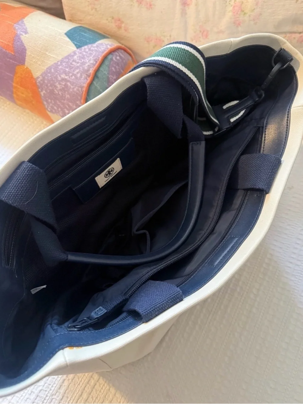 Tory Burch White Canvas Tote with Navy Handles and Green Stripe
